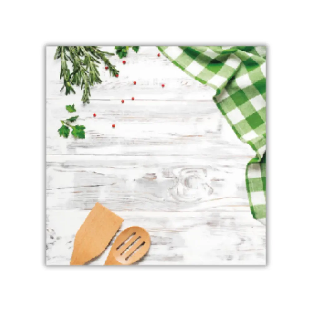 Fondo Rígido Gastronómico - Encimera de Madera Blanca con Mantel de Cuadros Verde