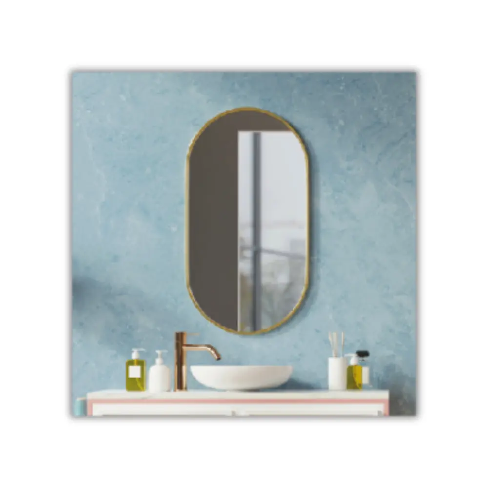 Fondo rigido - Encimera de Baño con Espejo Ovalado y Pared Azul Texturizada
