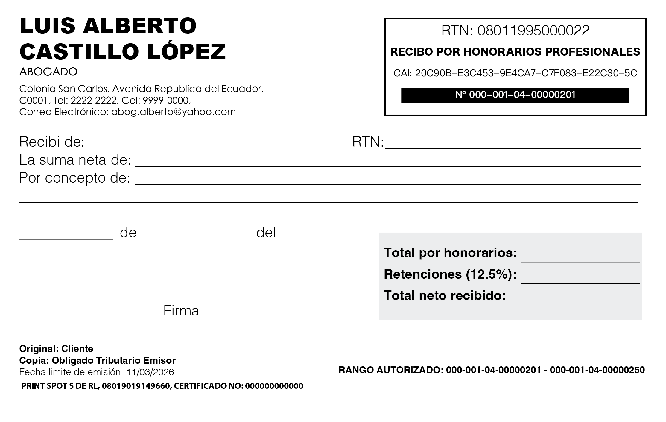 Talonario de Recibos por Honorarios autorizados por el SAR | Impresión Blanco y Negro | Media carta