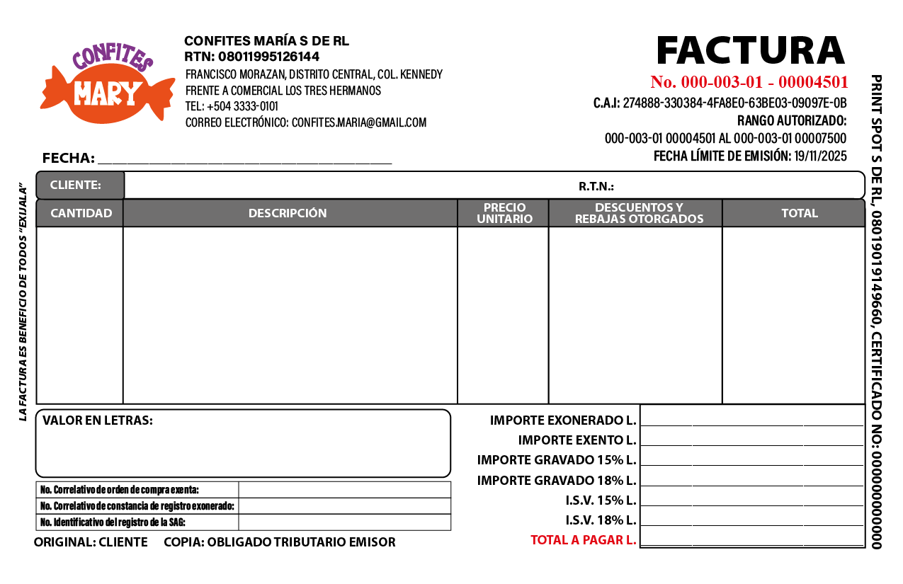 Talonario de Facturas autorizadas por el SAR
